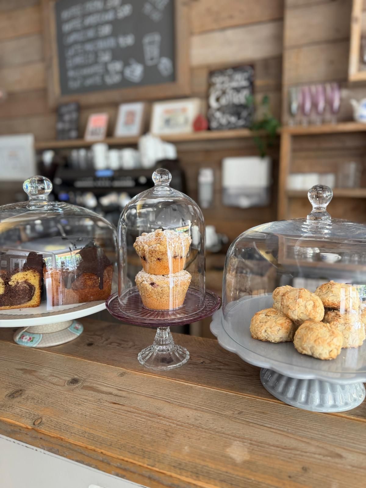 Kuchen und Gebäck unter Glasglocken